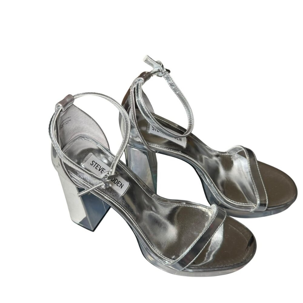 Steve Madden Silver Mirror Block Heel Sandals | Size 9 | 4" Heel | NWT